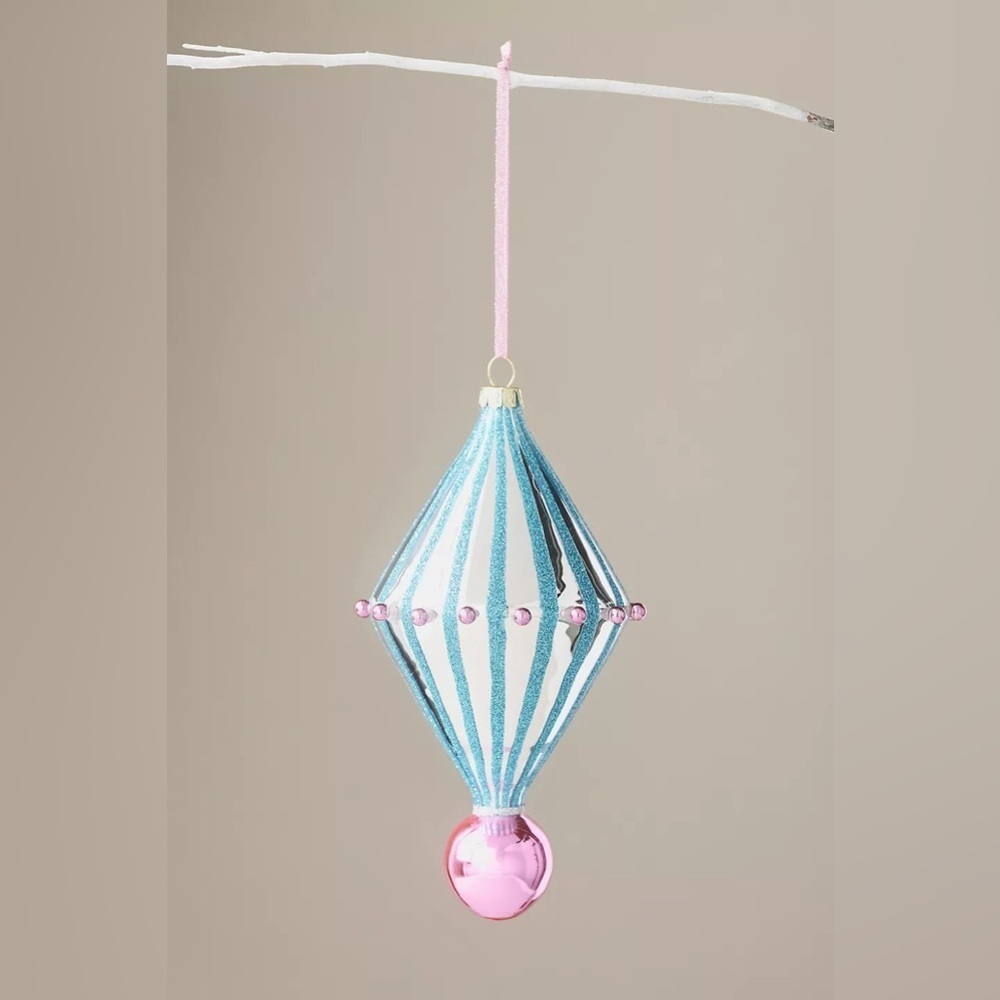 Anthropologie Circus Pink & Silver Christmas Ornament NWT Hand Blown Glass
